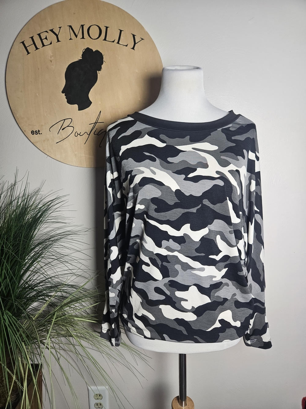 white birch Black & Gray Camo Long Sleeve Top